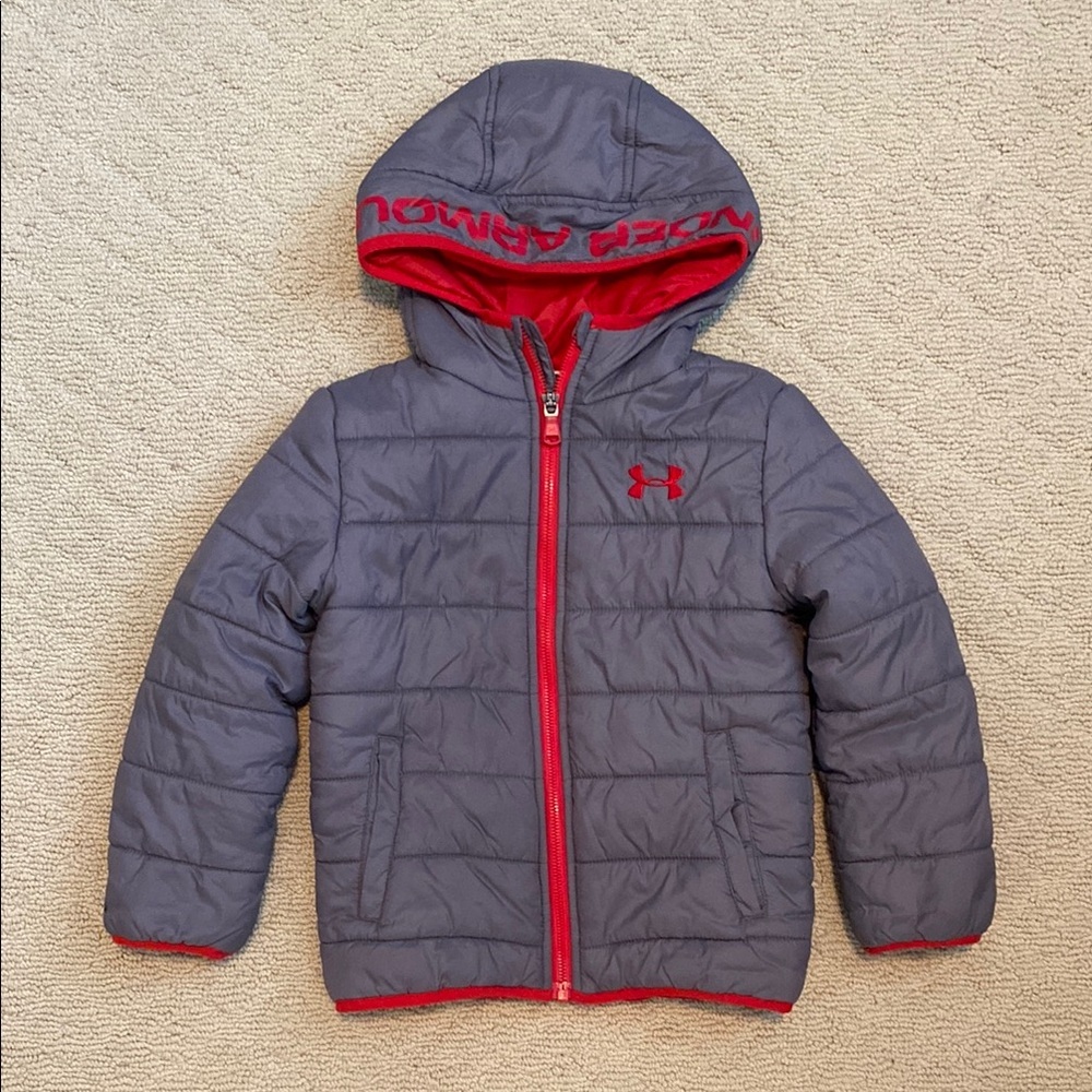Under Armour boys size 5 Gray Cold Gear Hooded Puffer Jacket
